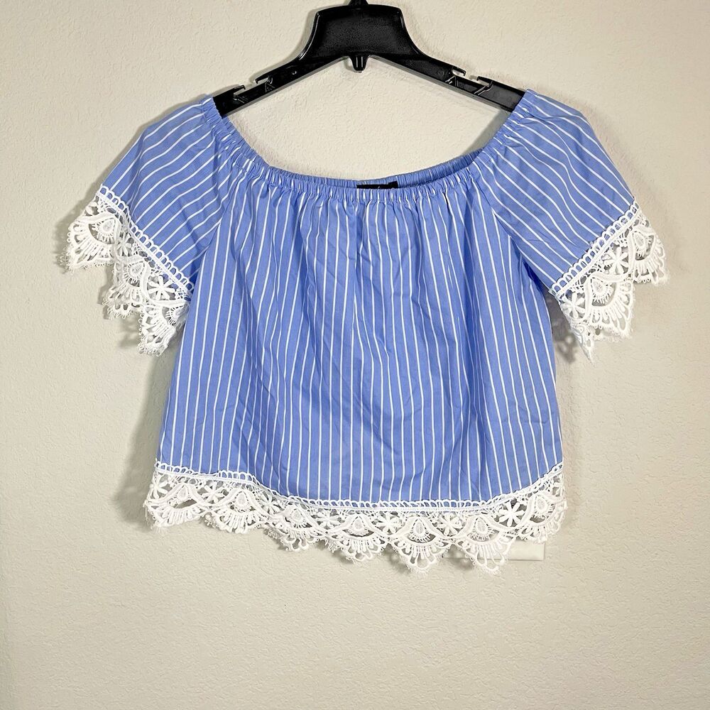 Blue And White Striped Off The Shoulder Top With lace Sleeves Size Medium